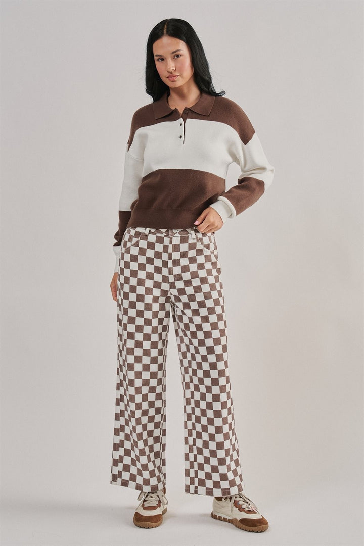 Colorblock Striped Knit Polo Sweater with Button Placket in Brown Ivory - Women's Wholesale Sweaters | Trend Notes