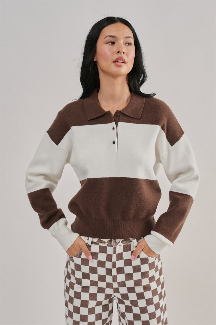 Colorblock Striped Knit Polo Sweater with Button Placket in Brown Ivory - Women's Wholesale Sweaters | Trend Notes