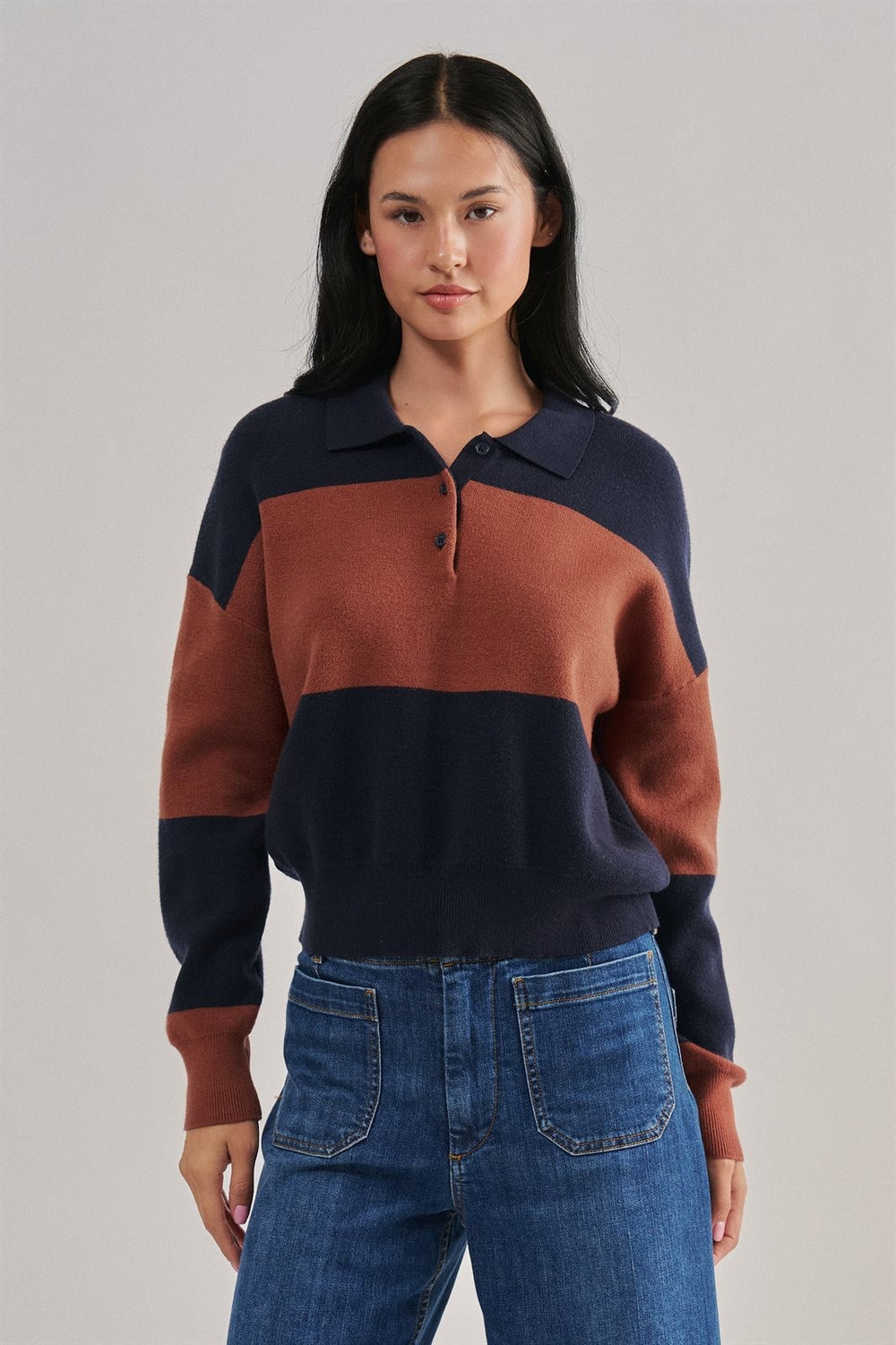 Colorblock Striped Knit Polo Sweater with Button Placket in Navy Choco - Women's Wholesale Sweaters | Trend Notes