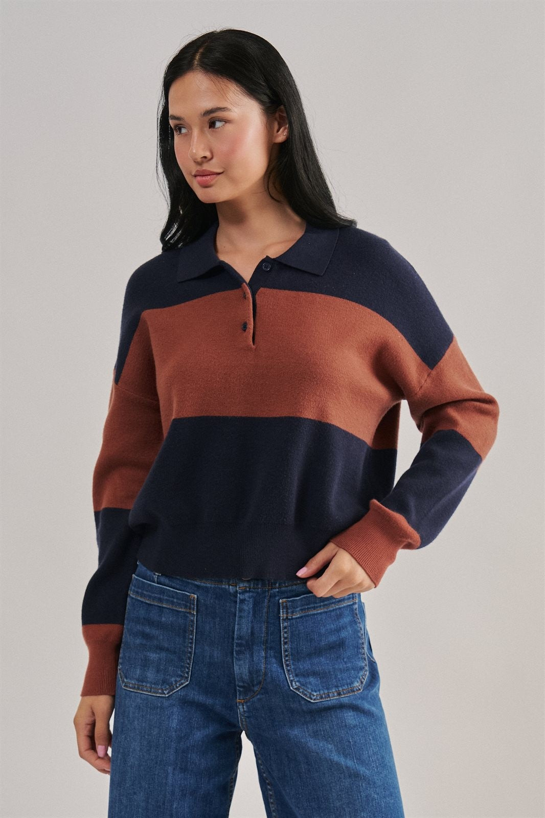 Colorblock Striped Knit Polo Sweater with Button Placket in Navy Choco - Women's Wholesale Sweaters | Trend Notes