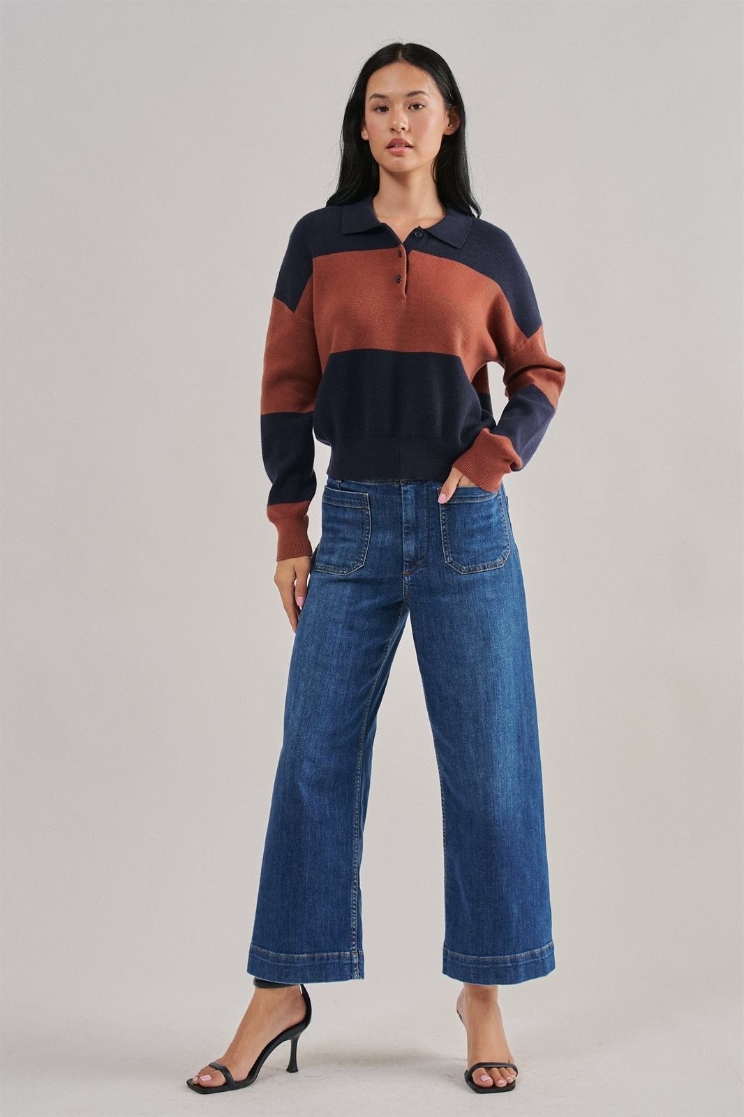 Colorblock Striped Knit Polo Sweater with Button Placket in Navy Choco - Women's Wholesale Sweaters | Trend Notes