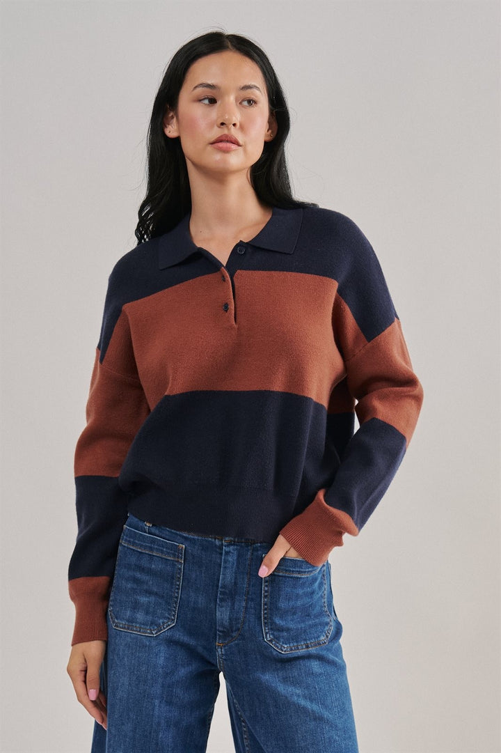 Colorblock Striped Knit Polo Sweater with Button Placket in Navy Choco - Women's Wholesale Sweaters | Trend Notes