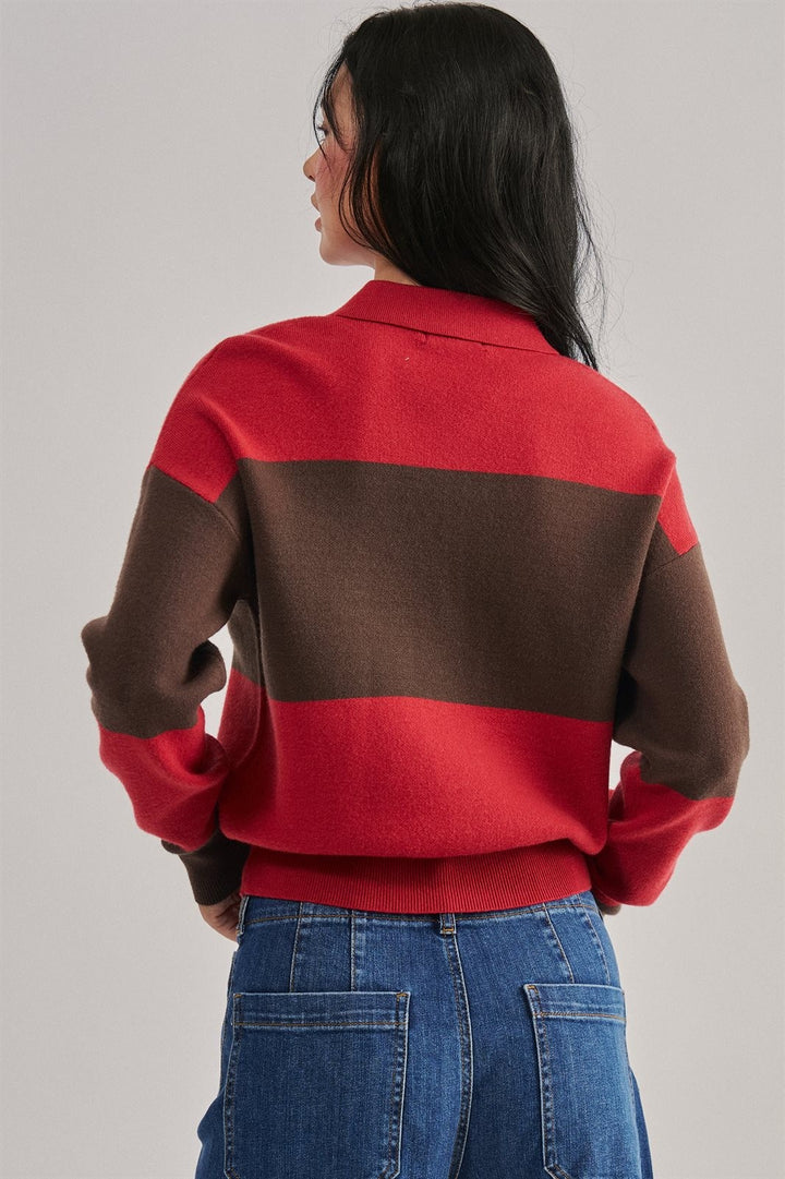 Colorblock Striped Knit Polo Sweater with Button Placket in Navy Choco - Women's Wholesale Sweaters | Trend Notes