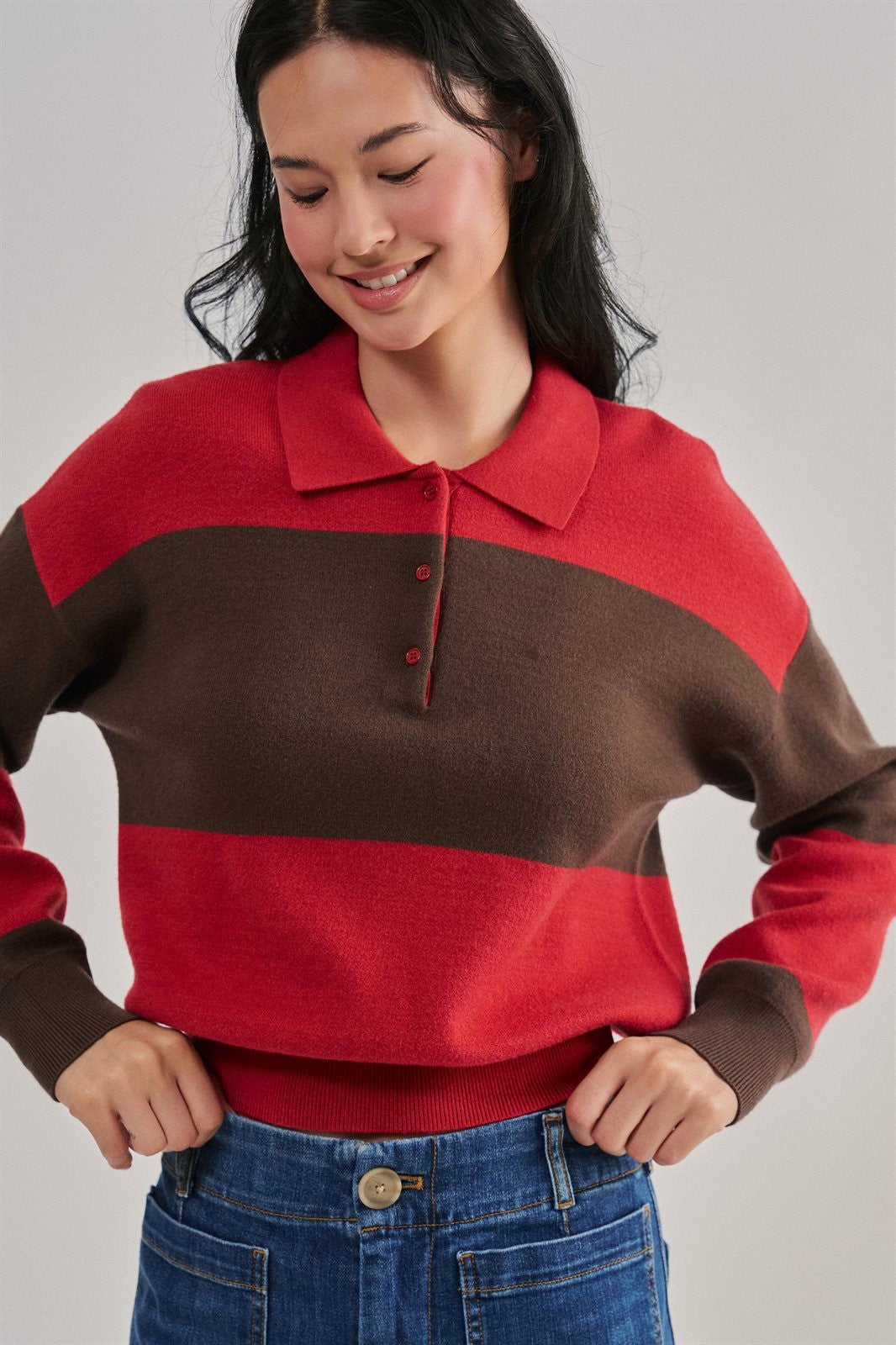 Colorblock Striped Knit Polo Sweater with Button Placket in Red Choco - Women's Wholesale Sweaters | Trend Notes