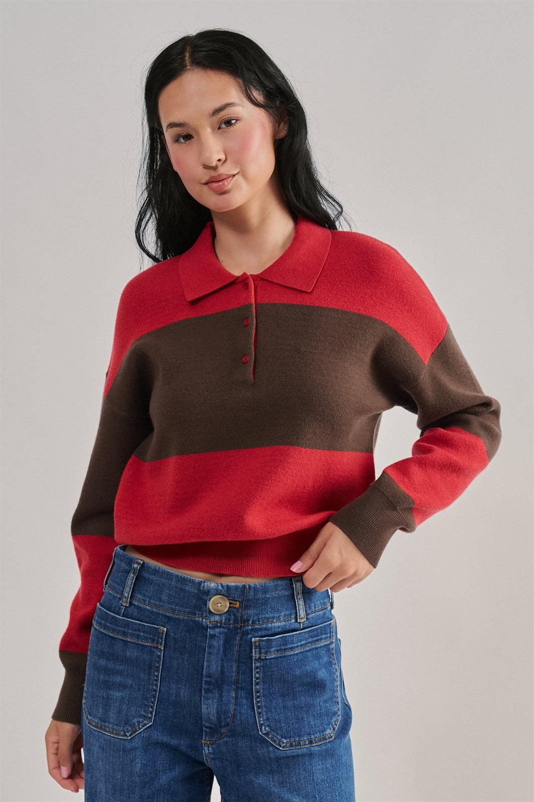 Colorblock Striped Knit Polo Sweater with Button Placket in Red Choco - Women's Wholesale Sweaters | Trend Notes