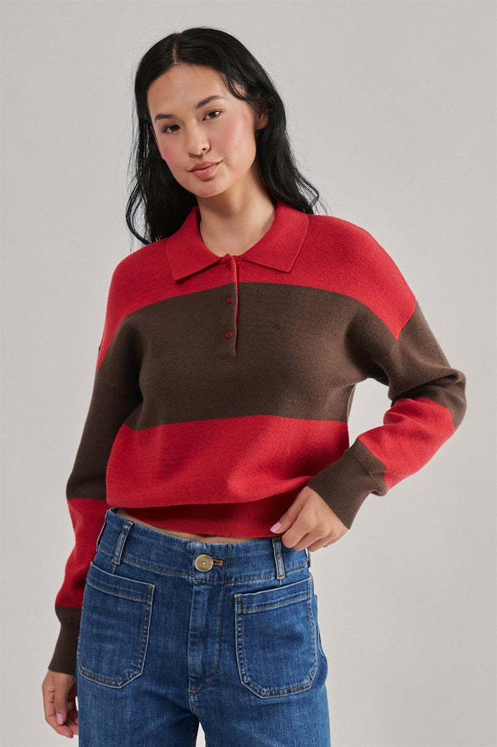 Colorblock Striped Knit Polo Sweater with Button Placket in Red Choco - Women's Wholesale Sweaters | Trend Notes
