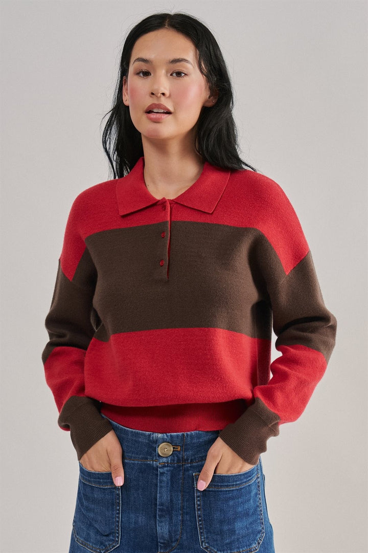 Colorblock Striped Knit Polo Sweater with Button Placket in Red Choco - Women's Wholesale Sweaters | Trend Notes
