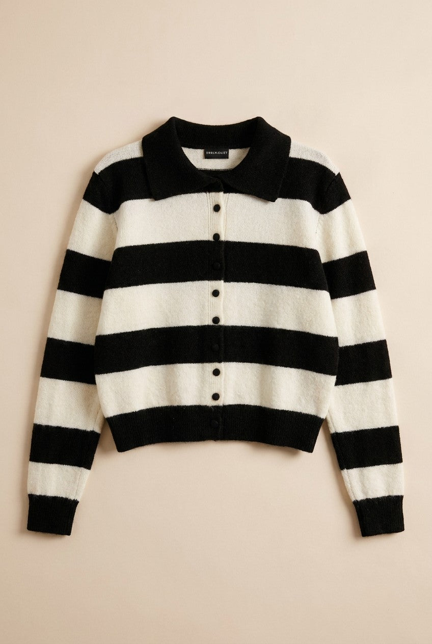 Rugby Stripe Polo Cardigan with Button Front in Black - Women's Wholesale Sweaters | Trend Notes