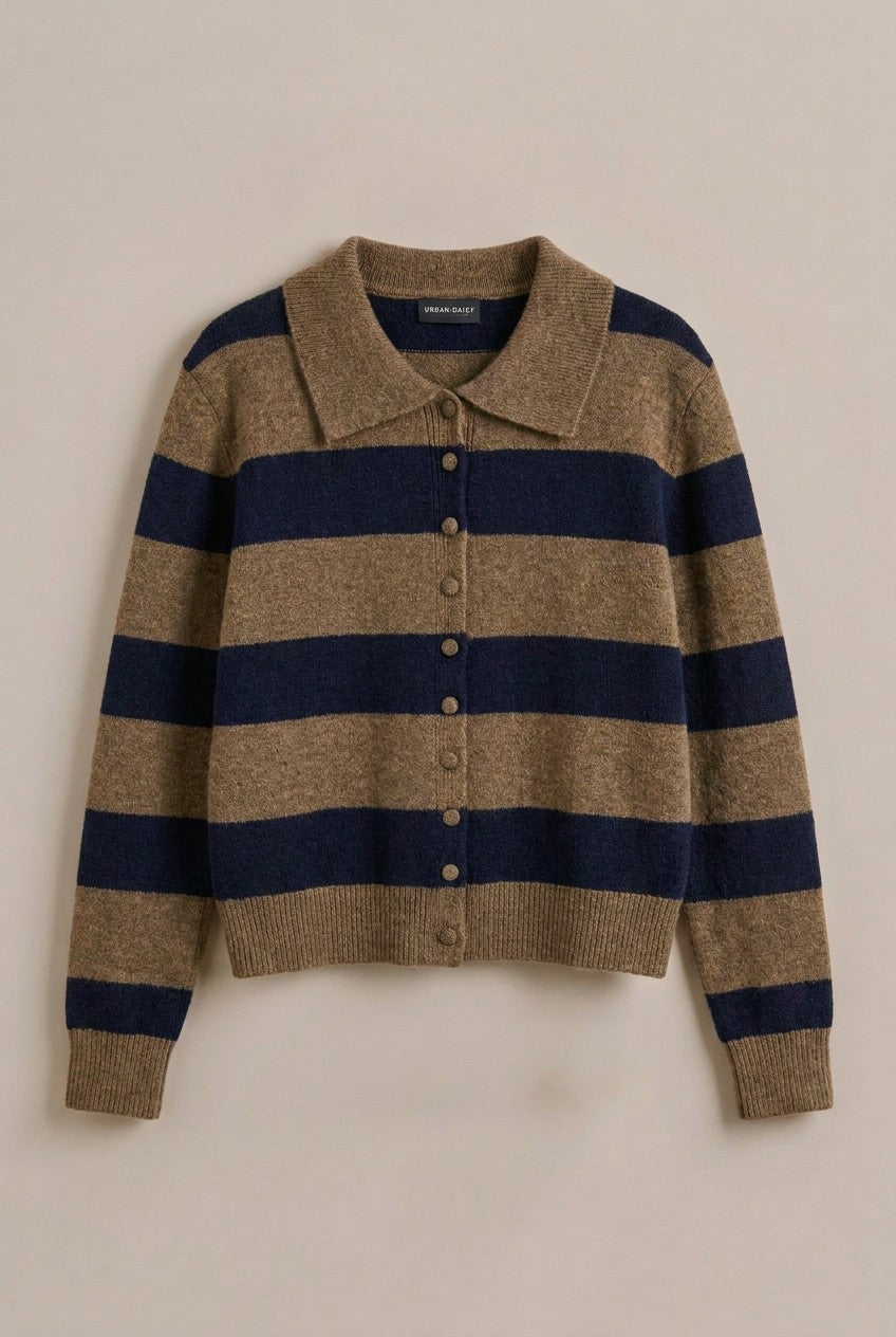Rugby Stripe Polo Cardigan with Button Front in Mocha - Women's Wholesale Sweaters | Trend Notes