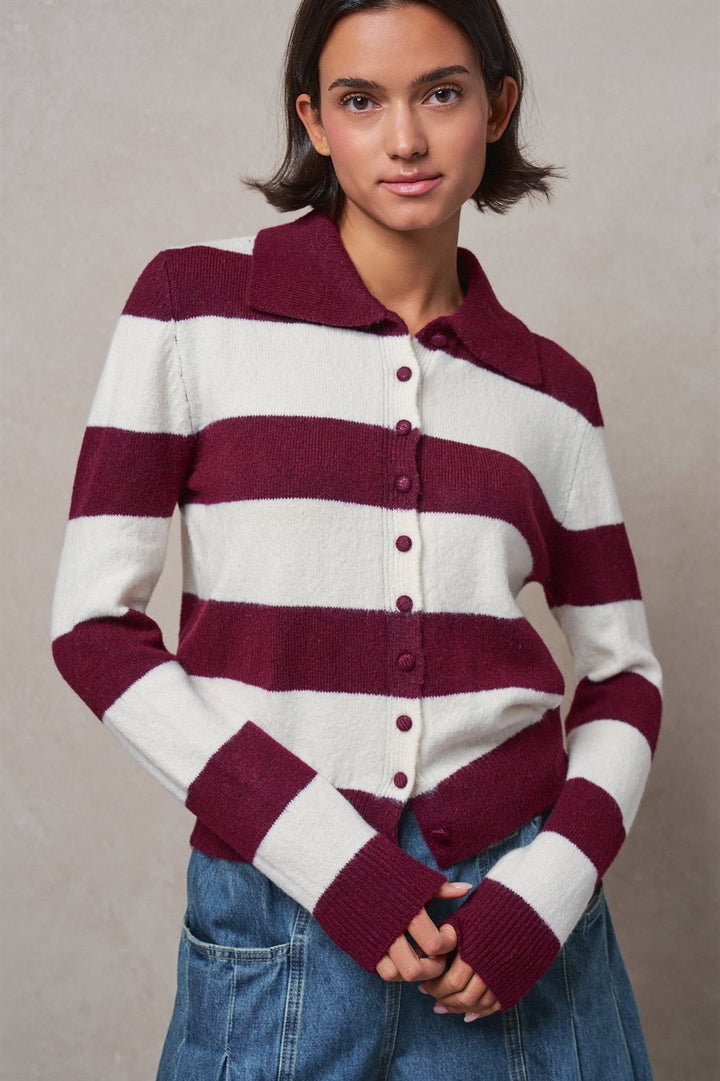 Rugby Stripe Polo Cardigan with Button Front in Wine - Women's Wholesale Sweaters | Trend Notes