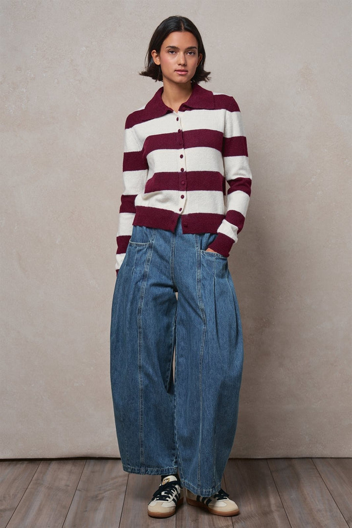 Rugby Stripe Polo Cardigan with Button Front in Wine - Women's Wholesale Sweaters | Trend Notes