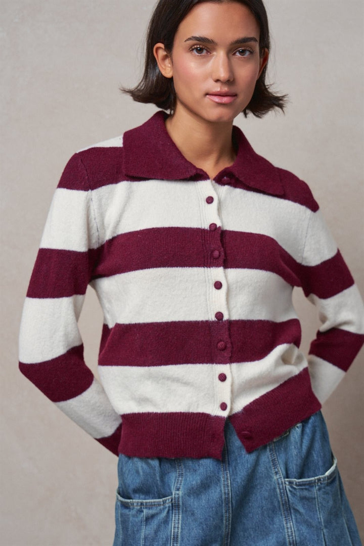 Rugby Stripe Polo Cardigan with Button Front in Wine - Women's Wholesale Sweaters | Trend Notes