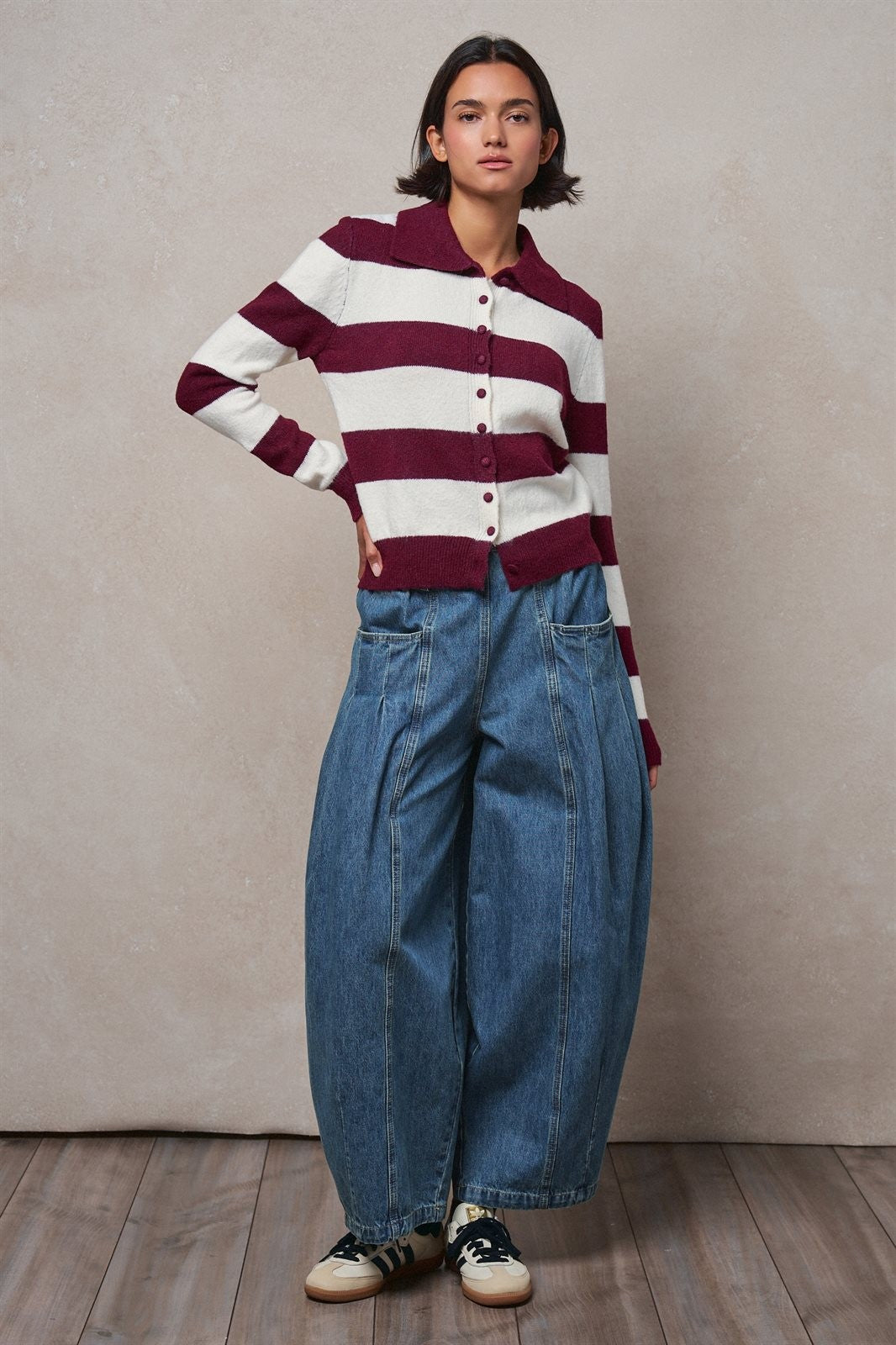 Rugby Stripe Polo Cardigan with Button Front in Wine - Women's Wholesale Sweaters | Trend Notes
