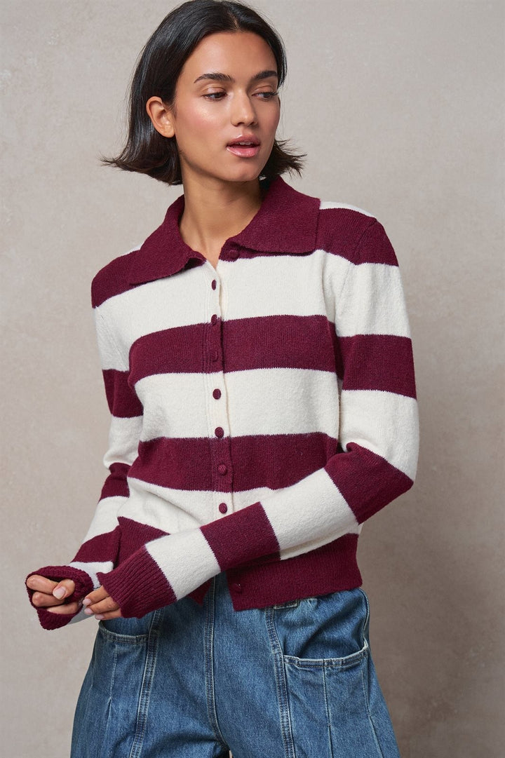 Rugby Stripe Polo Cardigan with Button Front in Wine - Women's Wholesale Sweaters | Trend Notes