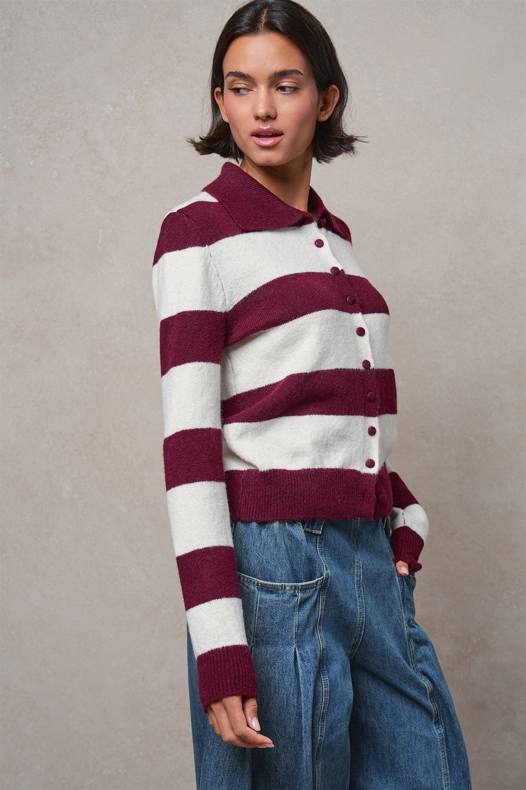 Rugby Stripe Polo Cardigan with Button Front in Wine - Women's Wholesale Sweaters | Trend Notes