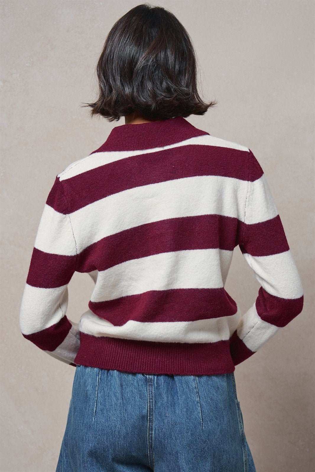 Rugby Stripe Polo Cardigan with Button Front in Wine - Women's Wholesale Sweaters | Trend Notes