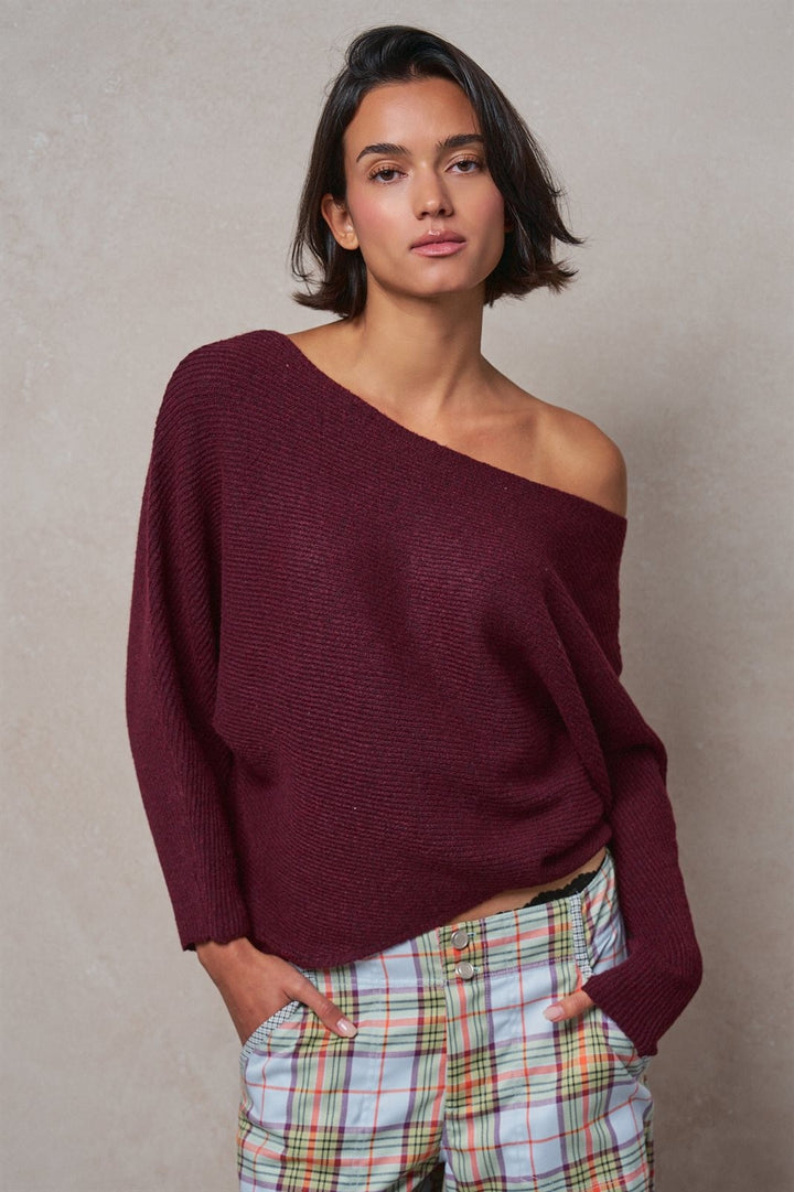 Off-Shoulder Dolman Sleeve Ribbed Knit Sweater in Burgundy - Women's Wholesale Sweaters | Trend Notes