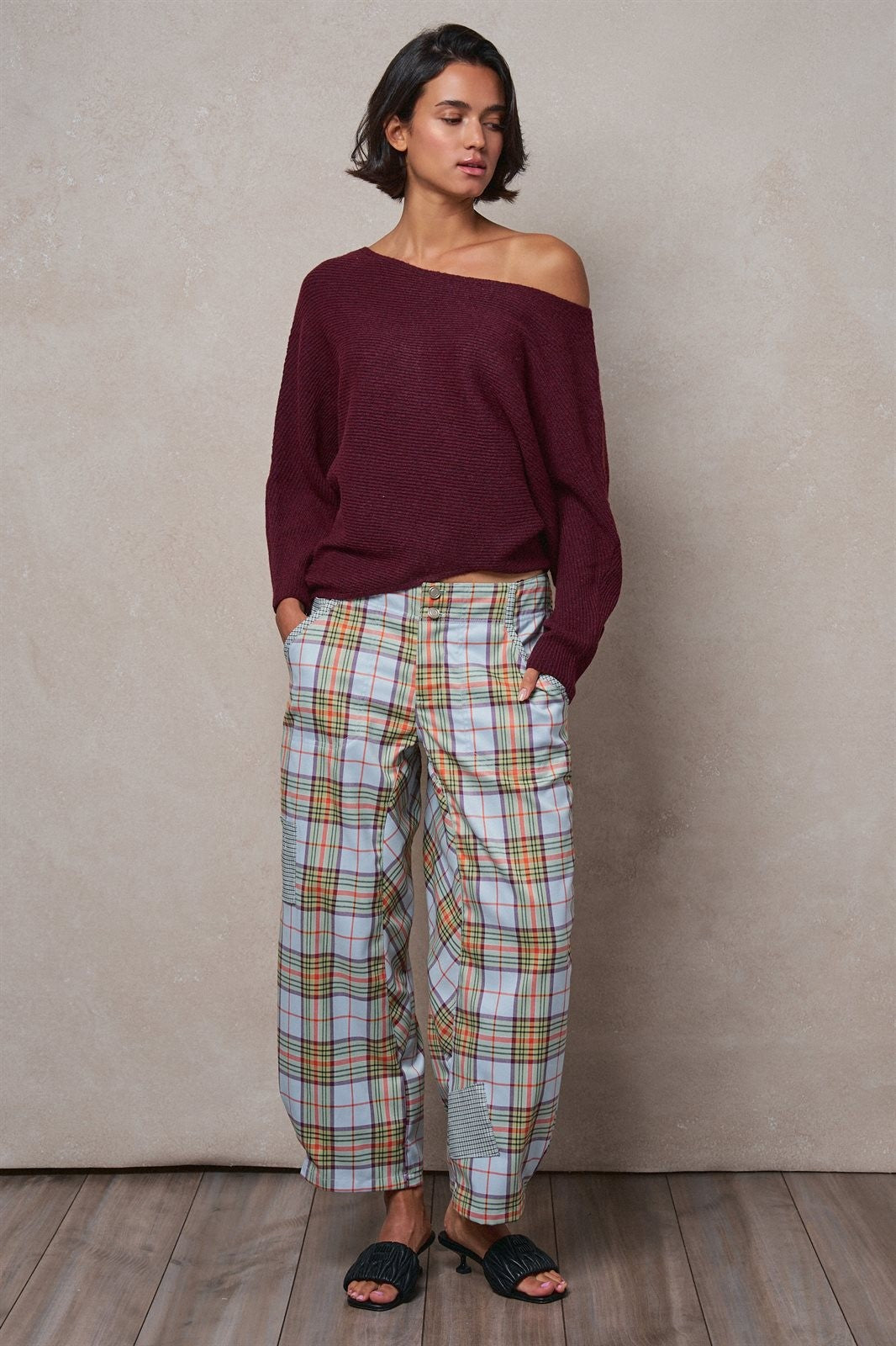 Off-Shoulder Dolman Sleeve Ribbed Knit Sweater in Burgundy - Women's Wholesale Sweaters | Trend Notes