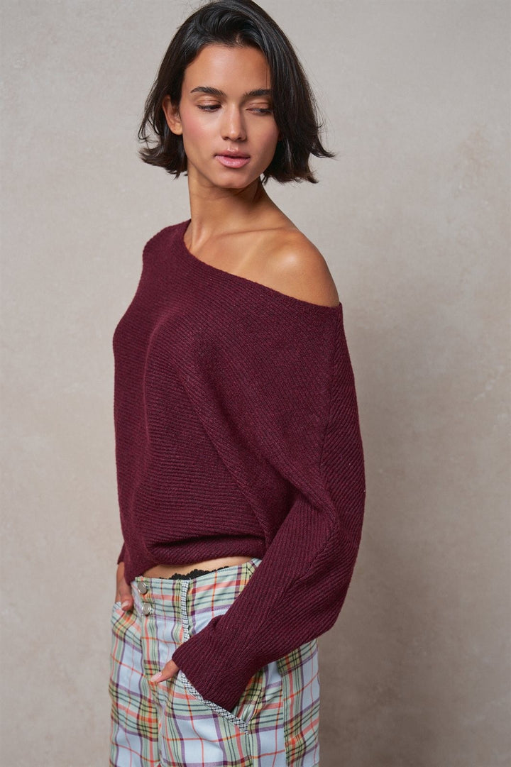 Off-Shoulder Dolman Sleeve Ribbed Knit Sweater in Burgundy - Women's Wholesale Sweaters | Trend Notes