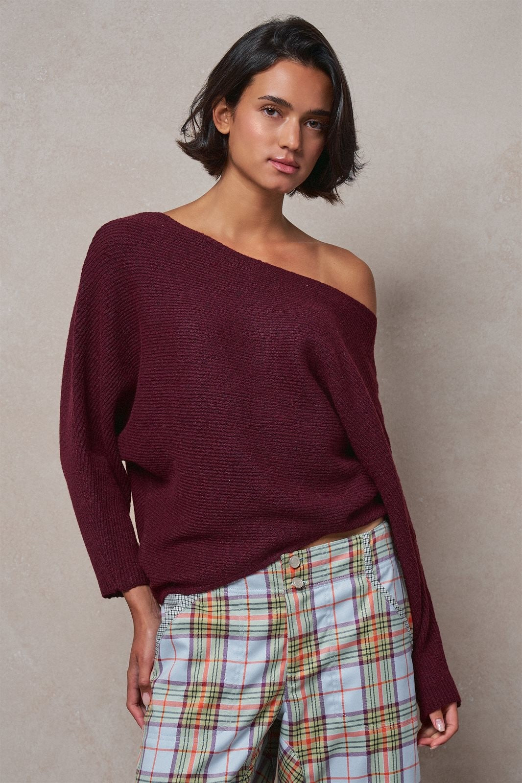 Off-Shoulder Dolman Sleeve Ribbed Knit Sweater in Burgundy - Women's Wholesale Sweaters | Trend Notes