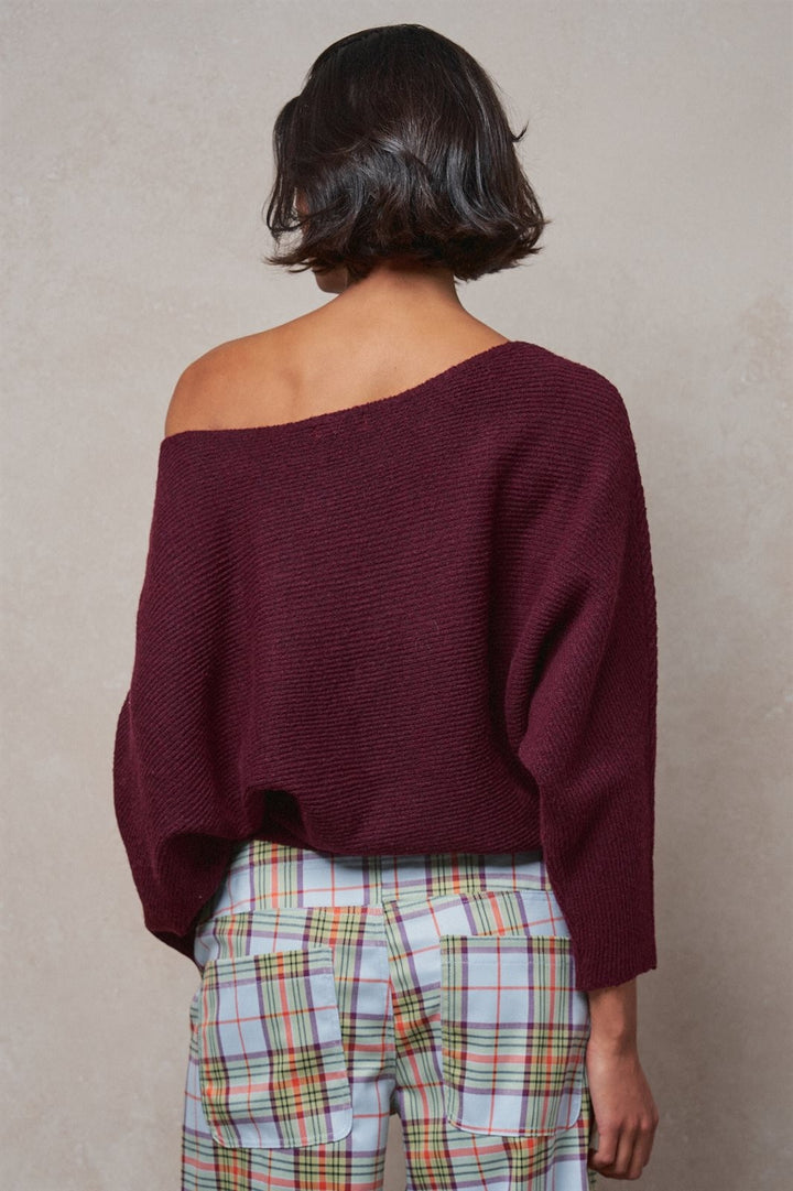 Off-Shoulder Dolman Sleeve Ribbed Knit Sweater in Burgundy - Women's Wholesale Sweaters | Trend Notes