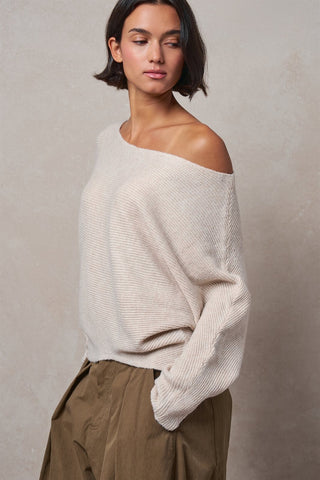 Off-Shoulder Dolman Sleeve Ribbed Knit Sweater in Oatmeal - Women's Wholesale Sweaters | Trend Notes