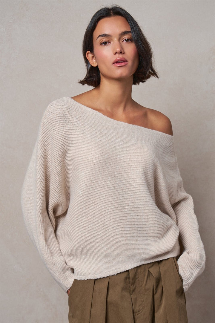 Off-Shoulder Dolman Sleeve Ribbed Knit Sweater in Oatmeal - Women's Wholesale Sweaters | Trend Notes