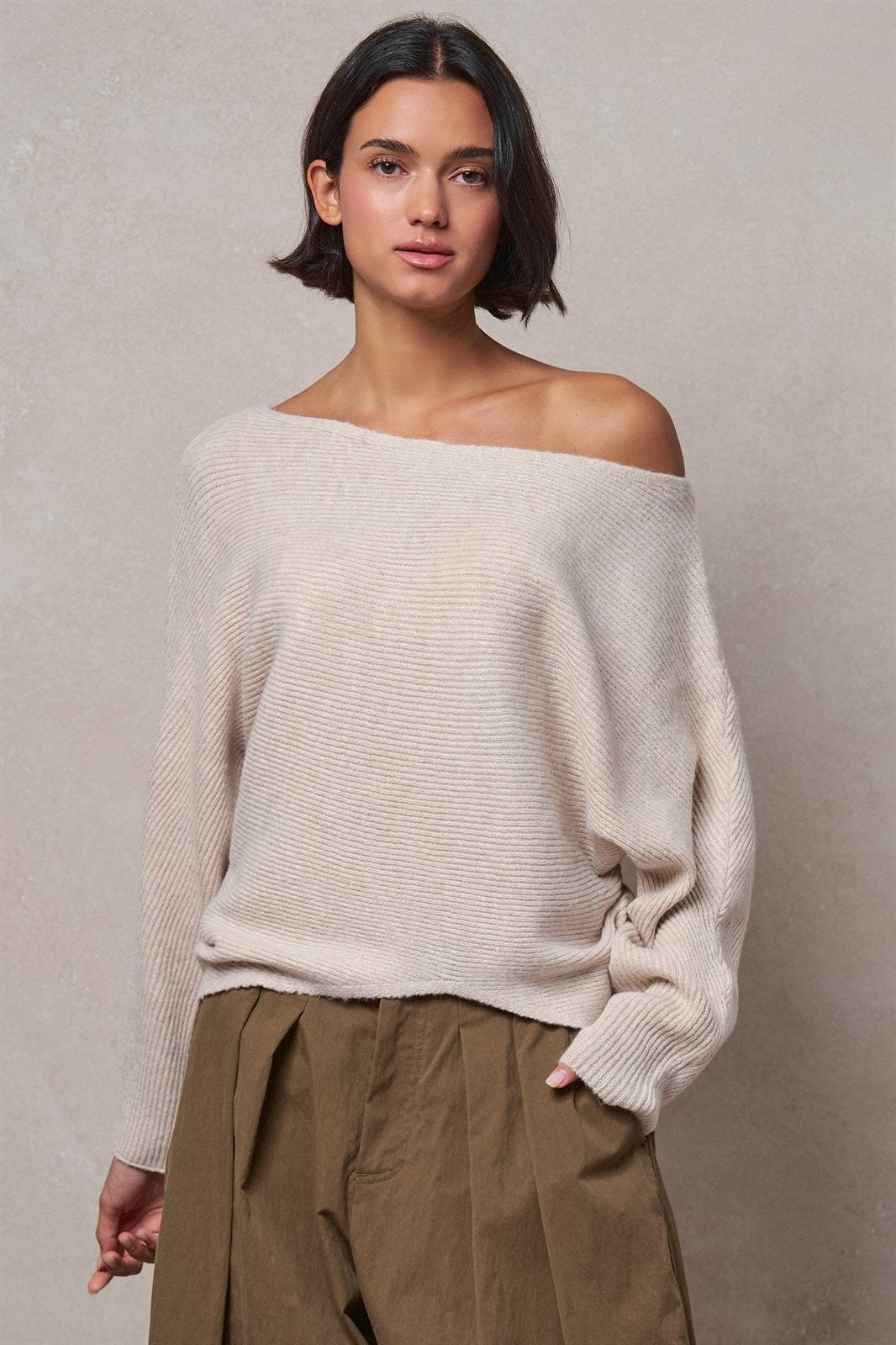 Off-Shoulder Dolman Sleeve Ribbed Knit Sweater in Oatmeal - Women's Wholesale Sweaters | Trend Notes
