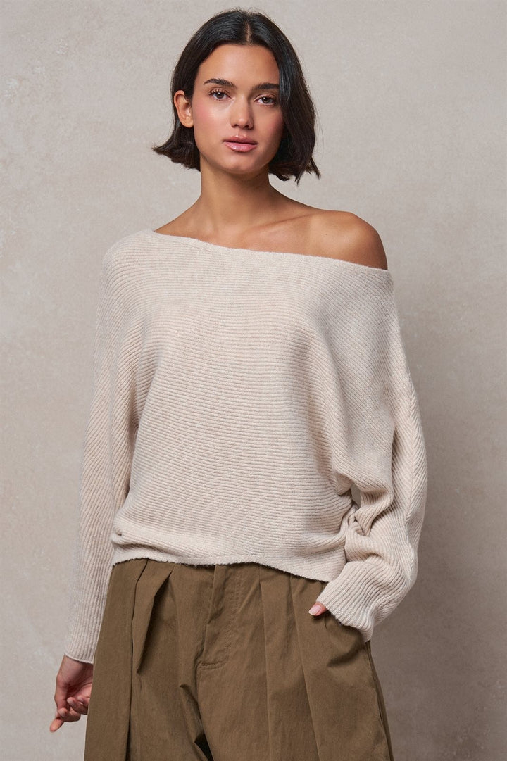 Off-Shoulder Dolman Sleeve Ribbed Knit Sweater in Oatmeal - Women's Wholesale Sweaters | Trend Notes
