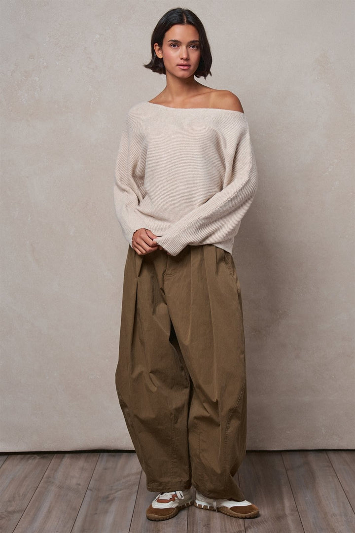 Off-Shoulder Dolman Sleeve Ribbed Knit Sweater in Oatmeal - Women's Wholesale Sweaters | Trend Notes