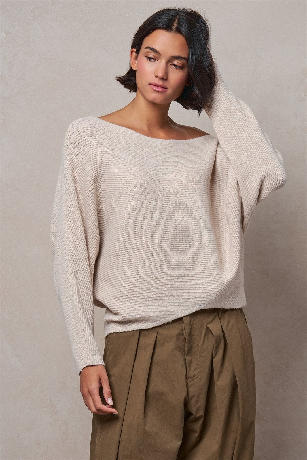 Off-Shoulder Dolman Sleeve Ribbed Knit Sweater in Oatmeal - Women's Wholesale Sweaters | Trend Notes