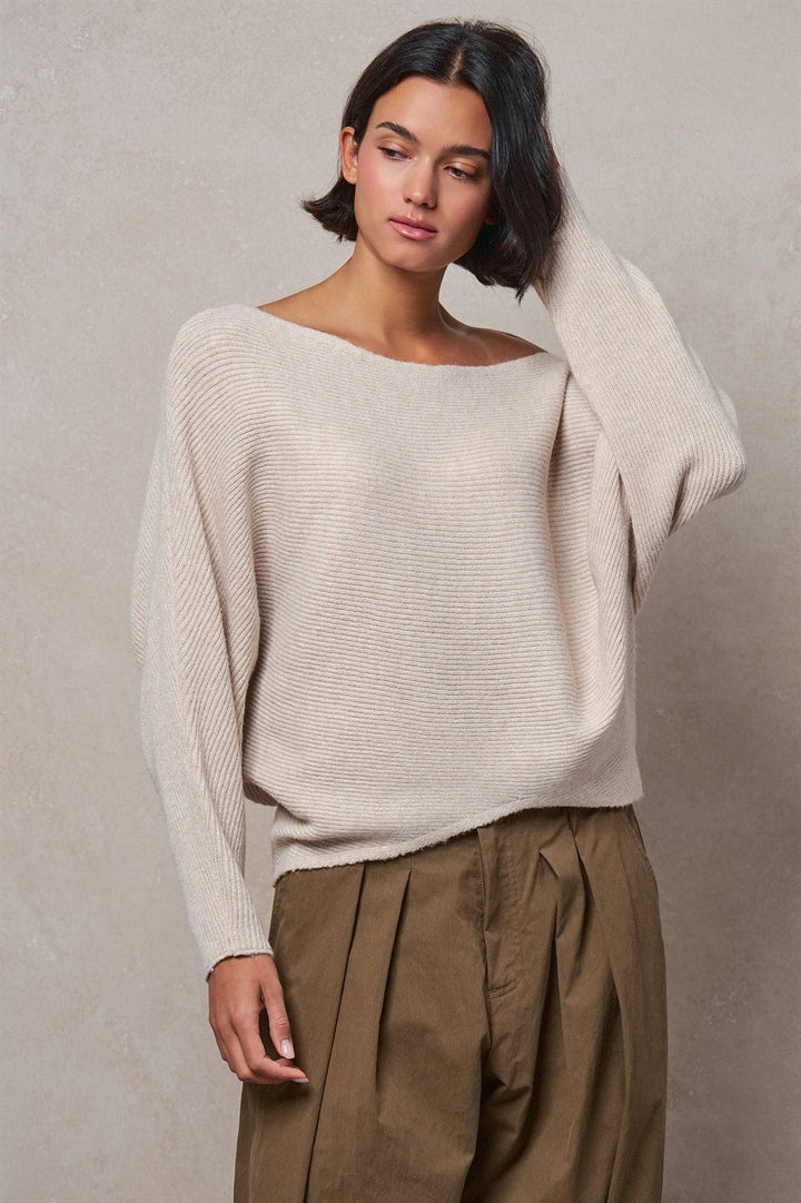 Off-Shoulder Dolman Sleeve Ribbed Knit Sweater in Oatmeal - Women's Wholesale Sweaters | Trend Notes