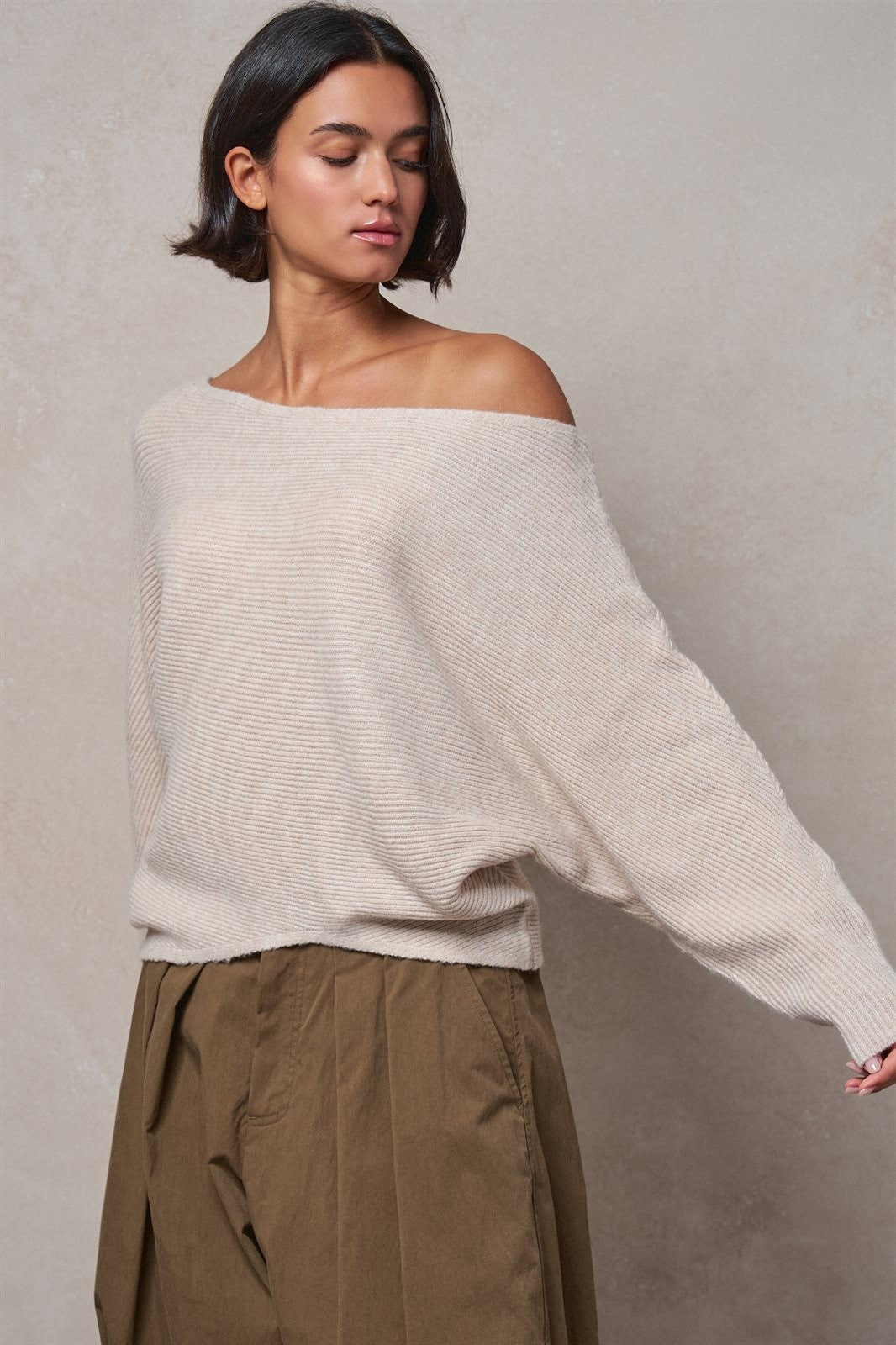 Off-Shoulder Dolman Sleeve Ribbed Knit Sweater in Oatmeal - Women's Wholesale Sweaters | Trend Notes