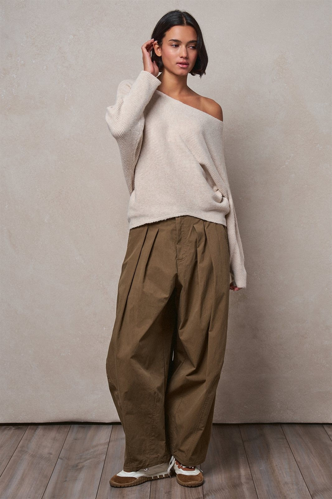 Off-Shoulder Dolman Sleeve Ribbed Knit Sweater in Oatmeal - Women's Wholesale Sweaters | Trend Notes
