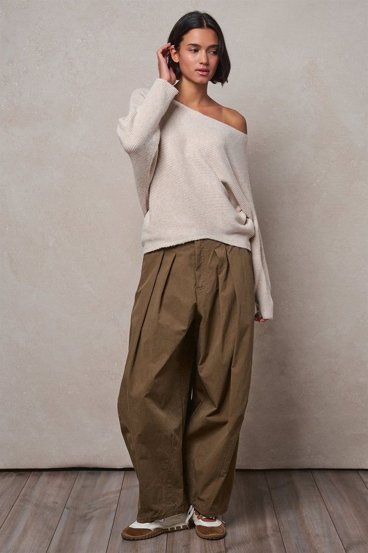 Off-Shoulder Dolman Sleeve Ribbed Knit Sweater in Oatmeal - Women's Wholesale Sweaters | Trend Notes