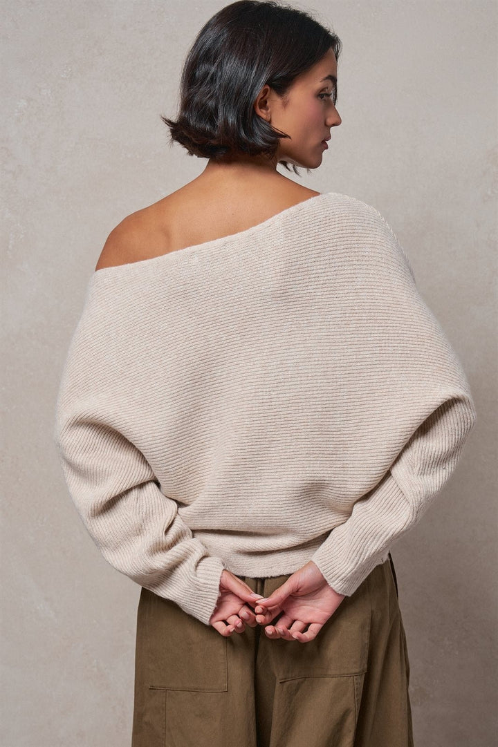 Off-Shoulder Dolman Sleeve Ribbed Knit Sweater in Oatmeal - Women's Wholesale Sweaters | Trend Notes