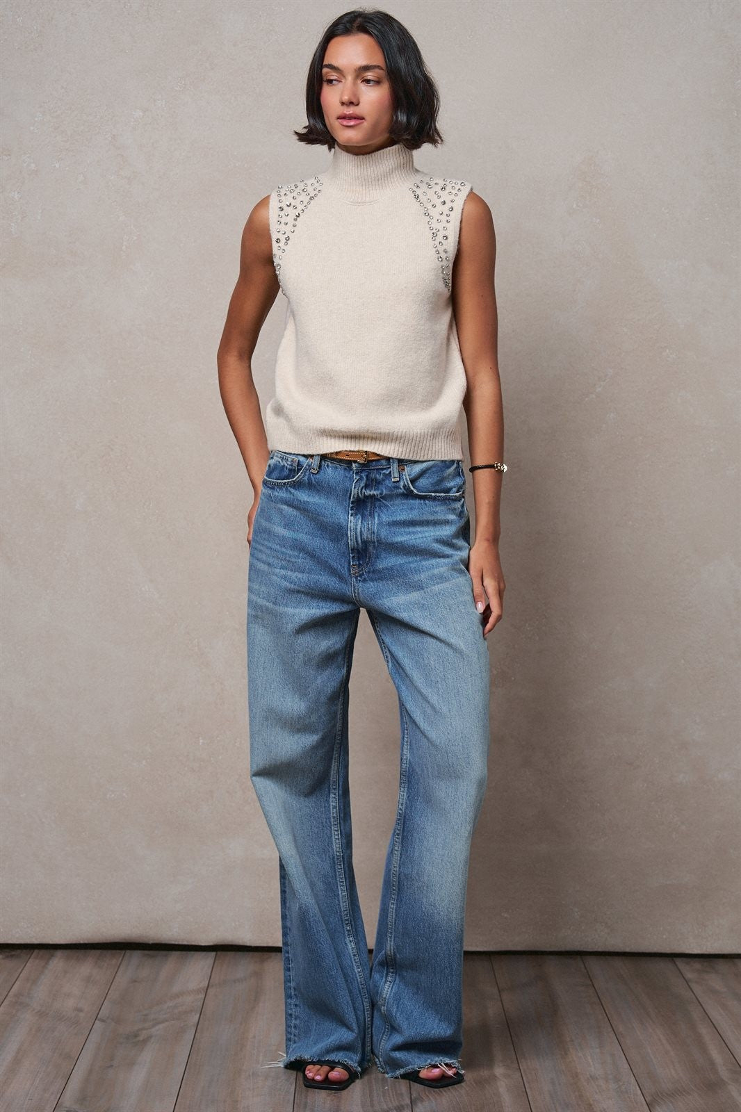 Ribbed Knit Sleeveless Mock Neck Sweater Top in Oatmeal - Women's Wholesale Sweaters | Trend Notes