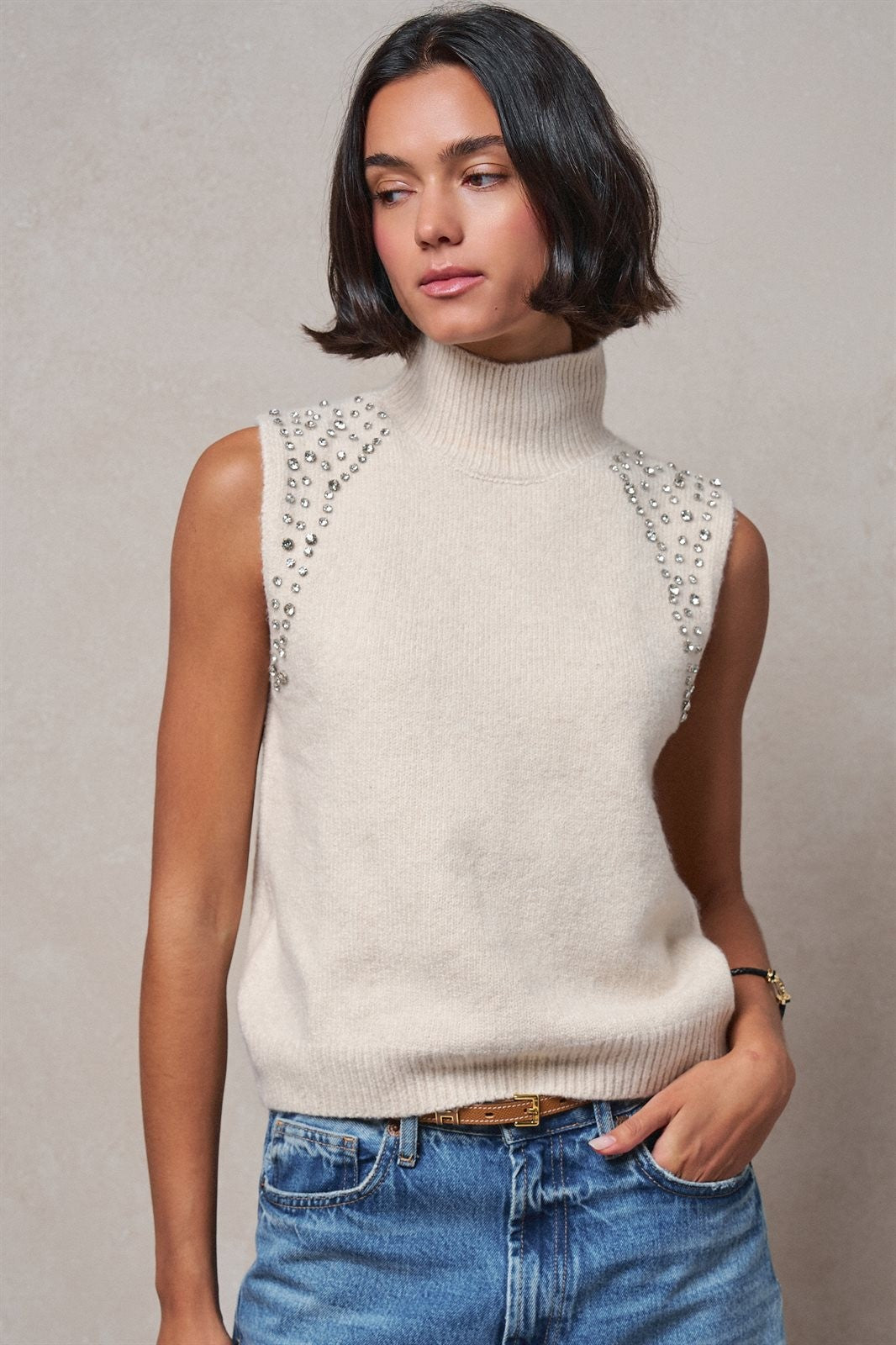 Ribbed Knit Sleeveless Mock Neck Sweater Top in Oatmeal - Women's Wholesale Sweaters | Trend Notes