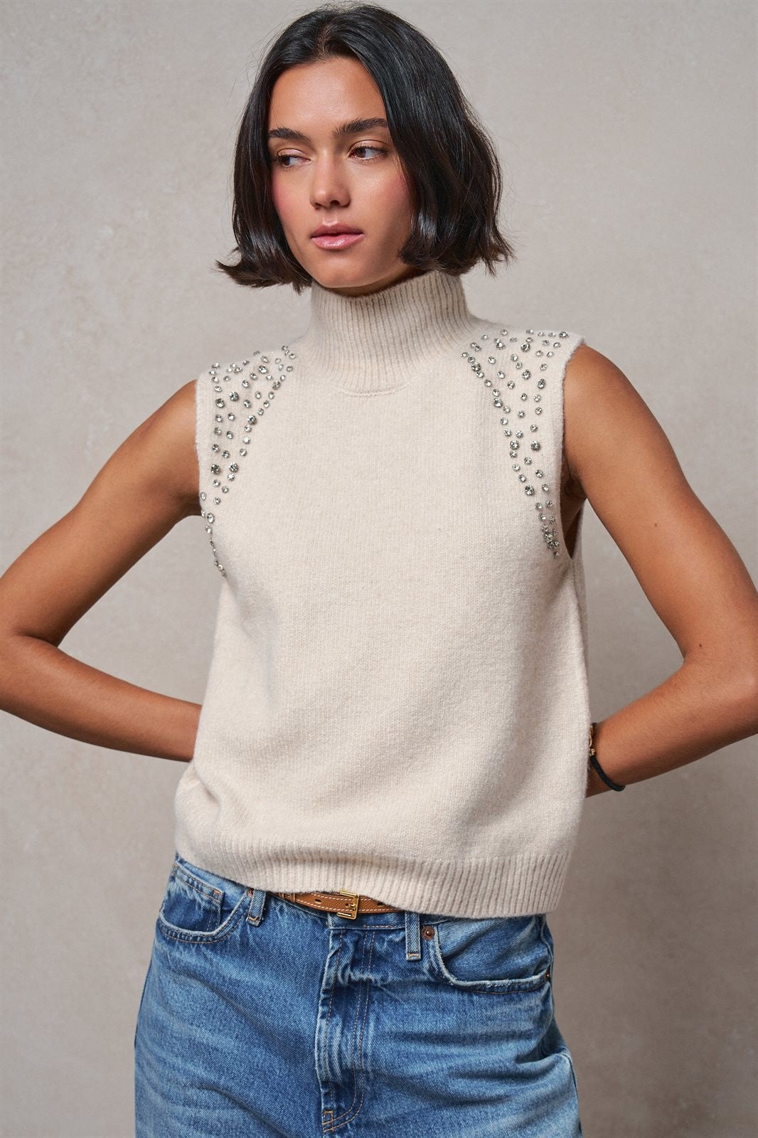 Ribbed Knit Sleeveless Mock Neck Sweater Top in Oatmeal - Women's Wholesale Sweaters | Trend Notes