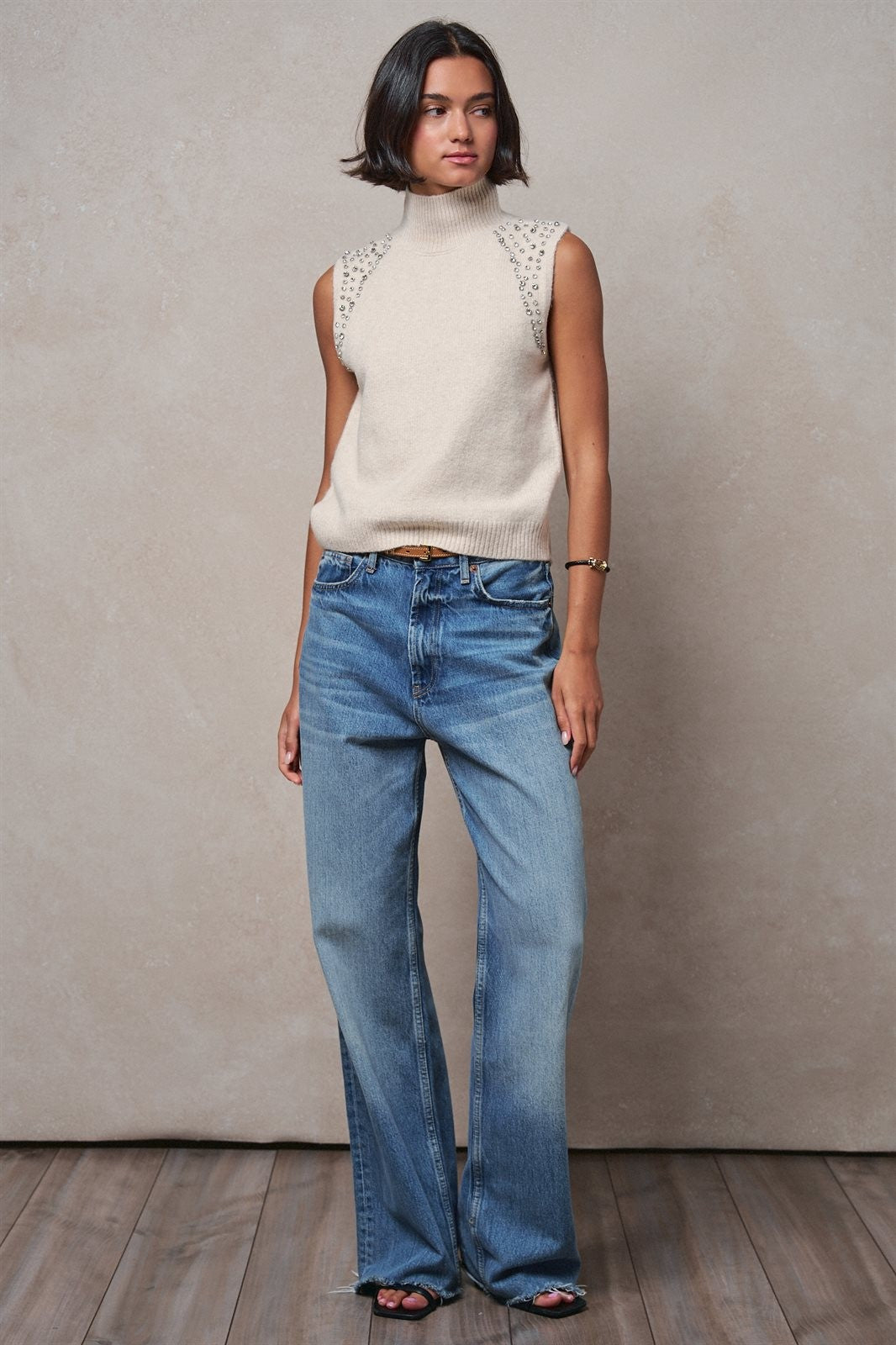 Ribbed Knit Sleeveless Mock Neck Sweater Top in Oatmeal - Women's Wholesale Sweaters | Trend Notes