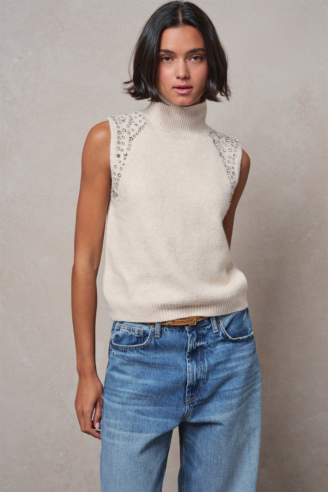 Ribbed Knit Sleeveless Mock Neck Sweater Top in Oatmeal - Women's Wholesale Sweaters | Trend Notes