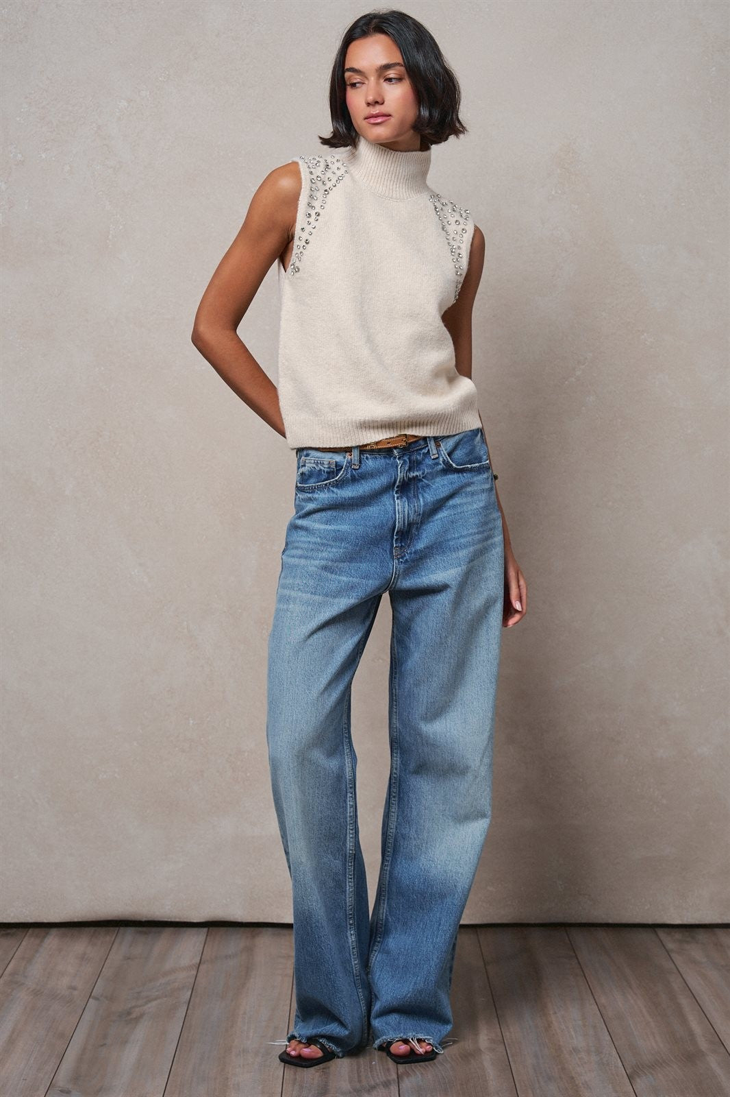 Ribbed Knit Sleeveless Mock Neck Sweater Top in Oatmeal - Women's Wholesale Sweaters | Trend Notes