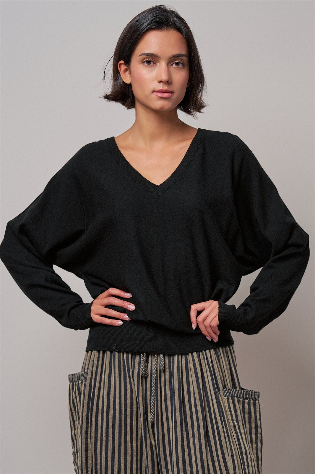 Viscose Blend V-Neck Drop Shoulder Sweater in Black - Women's Wholesale Sweaters | Trend Notes