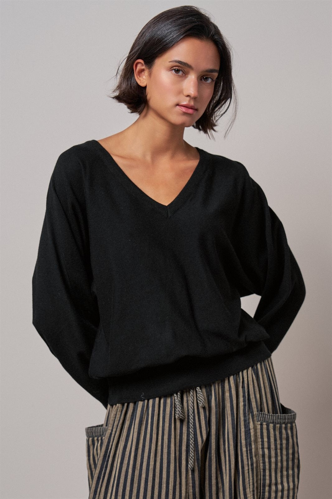Viscose Blend V-Neck Drop Shoulder Sweater in Black - Women's Wholesale Sweaters | Trend Notes