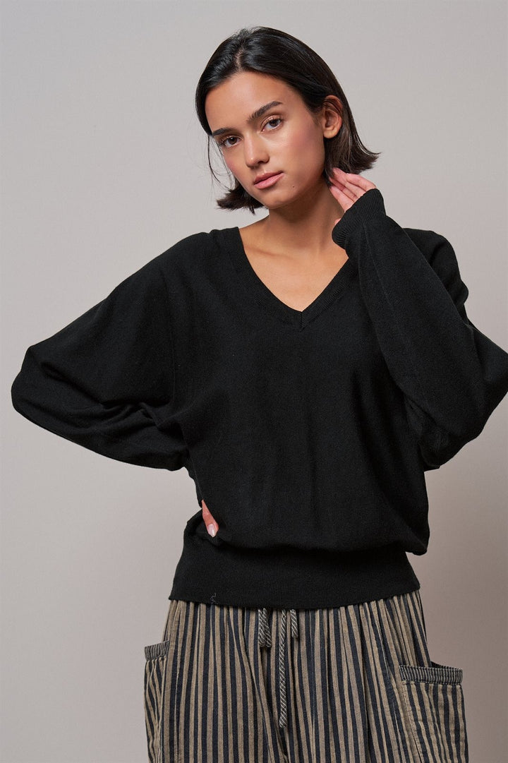 Viscose Blend V-Neck Drop Shoulder Sweater in Black - Women's Wholesale Sweaters | Trend Notes
