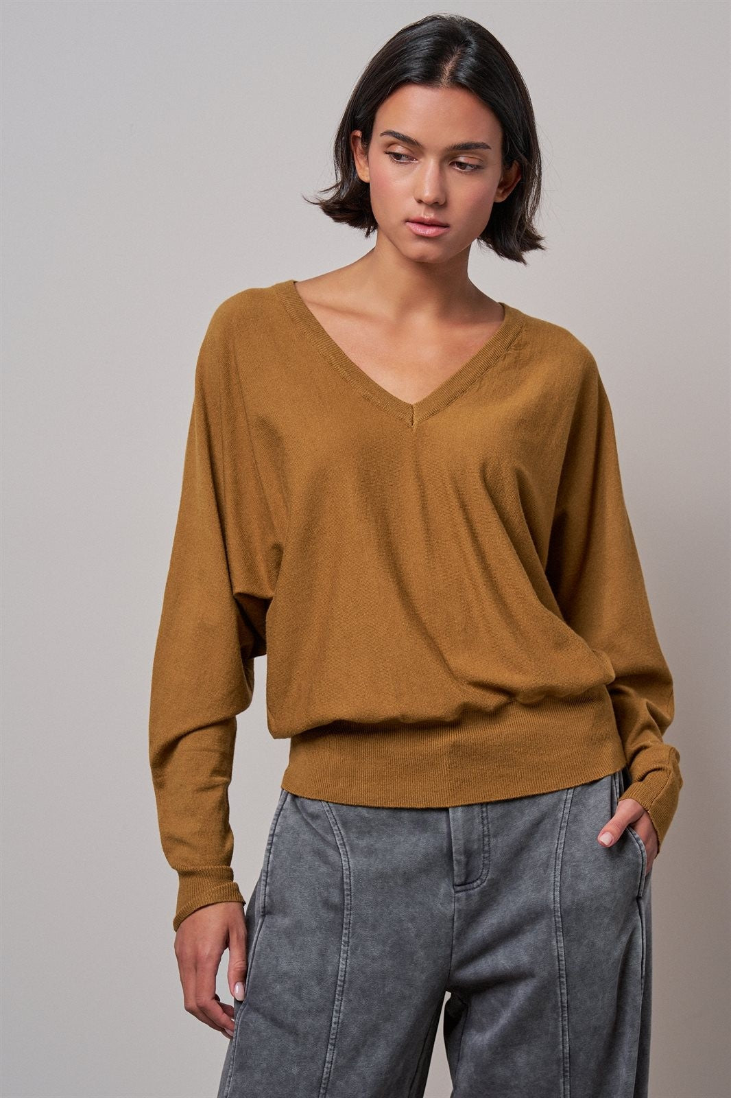 Viscose Blend V-Neck Drop Shoulder Sweater in Caramel - Women's Wholesale Sweaters | Trend Notes