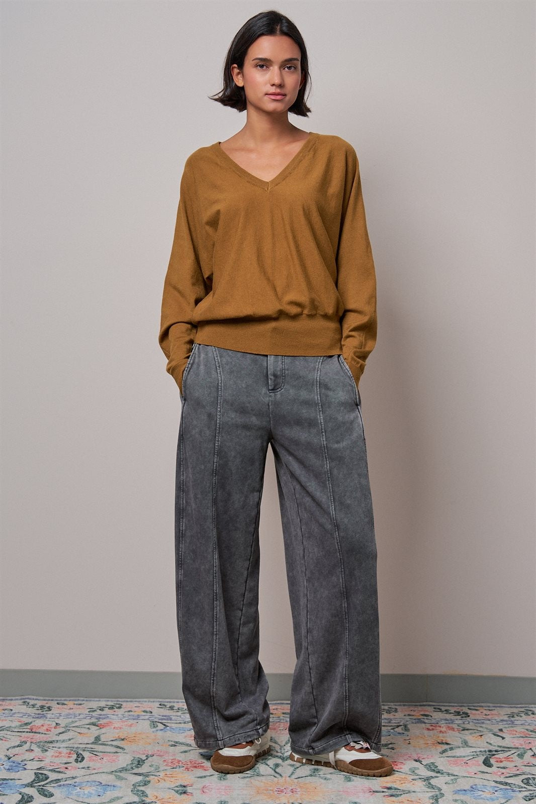 Viscose Blend V-Neck Drop Shoulder Sweater in Caramel - Women's Wholesale Sweaters | Trend Notes