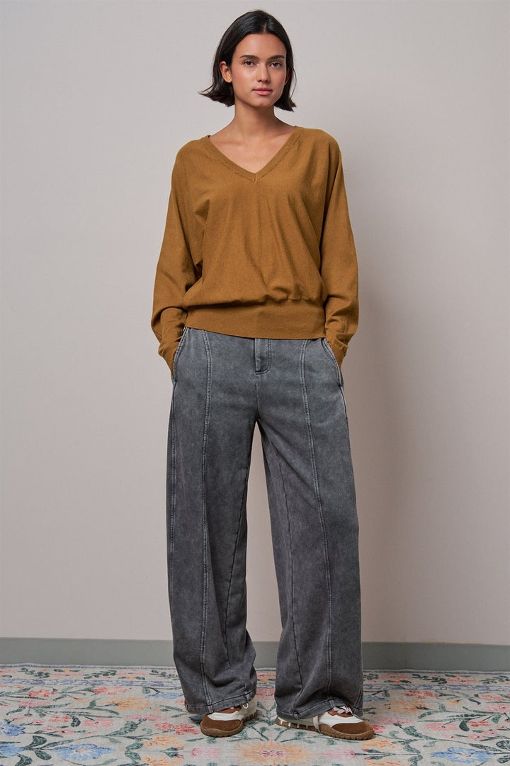 Viscose Blend V-Neck Drop Shoulder Sweater in Caramel - Women's Wholesale Sweaters | Trend Notes