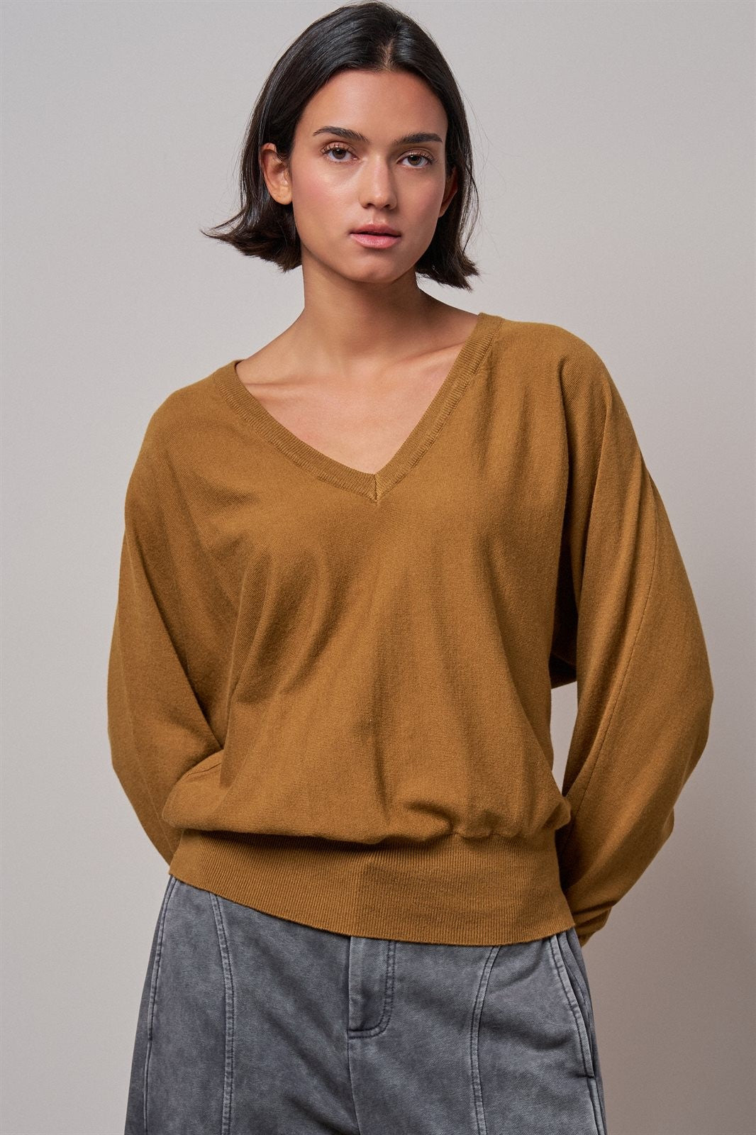Viscose Blend V-Neck Drop Shoulder Sweater in Caramel - Women's Wholesale Sweaters | Trend Notes
