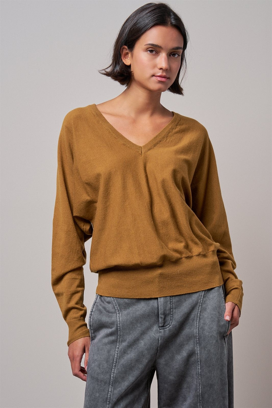 Viscose Blend V-Neck Drop Shoulder Sweater in Caramel - Women's Wholesale Sweaters | Trend Notes